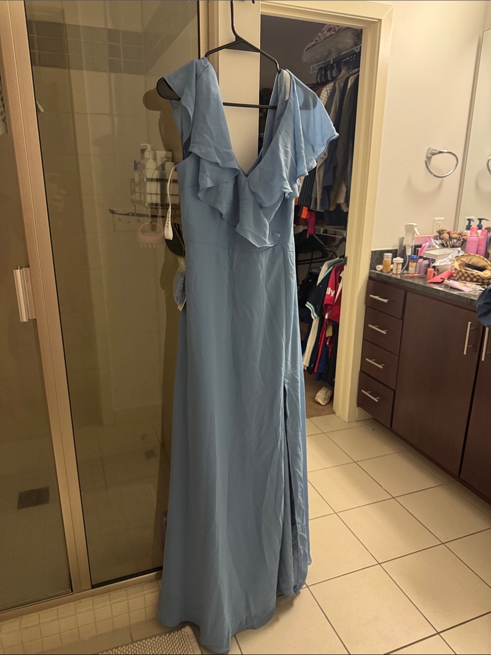 Azazie Light Blue V-Neck Ruffle Maxi Gown